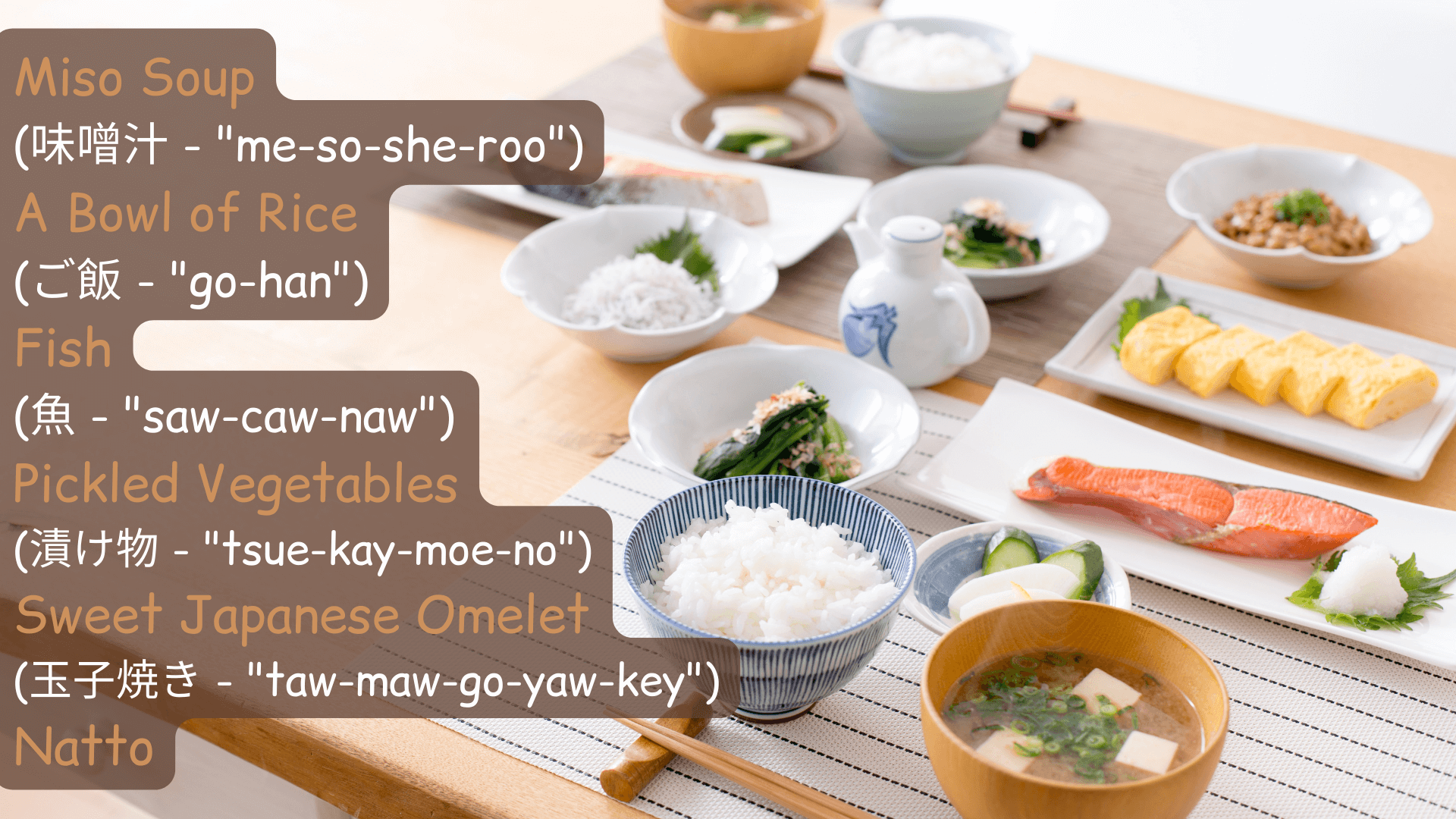 Typical Japanese Breakfast with Miso Soup, Rice, Fish, Pickled Vegetables, Sweet Japanese Omelet and Natto Typical Japanese Breakfast